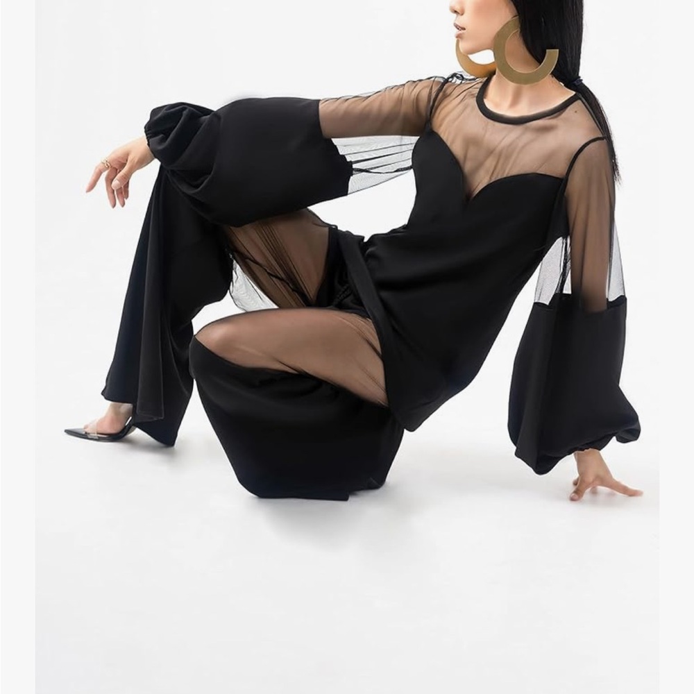 Sheer-Panel Black Wide-Leg Jumpsuit with Statement Bell Sleeves